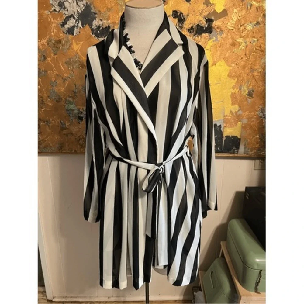 Vintage Natori Vintage Black & White Striped Short Sheer Summer Robe M - Picture 1 of 8